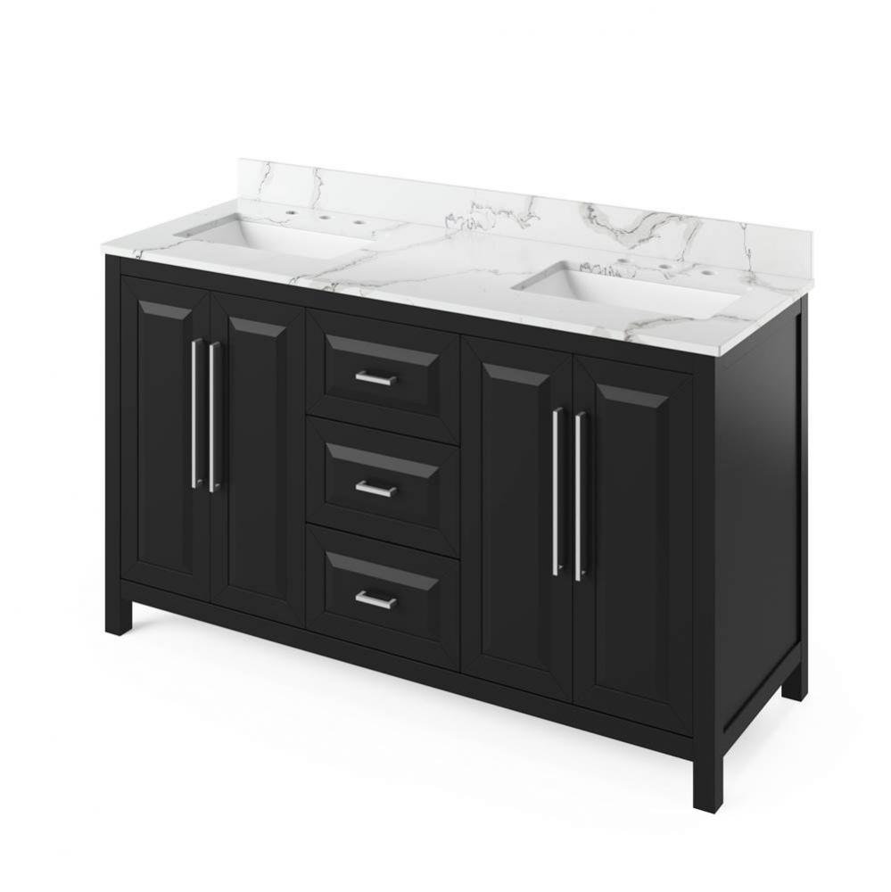 60'' Black Cade Vanity, double bowl, Calacatta Vienna Quartz Vanity Top, two undermount