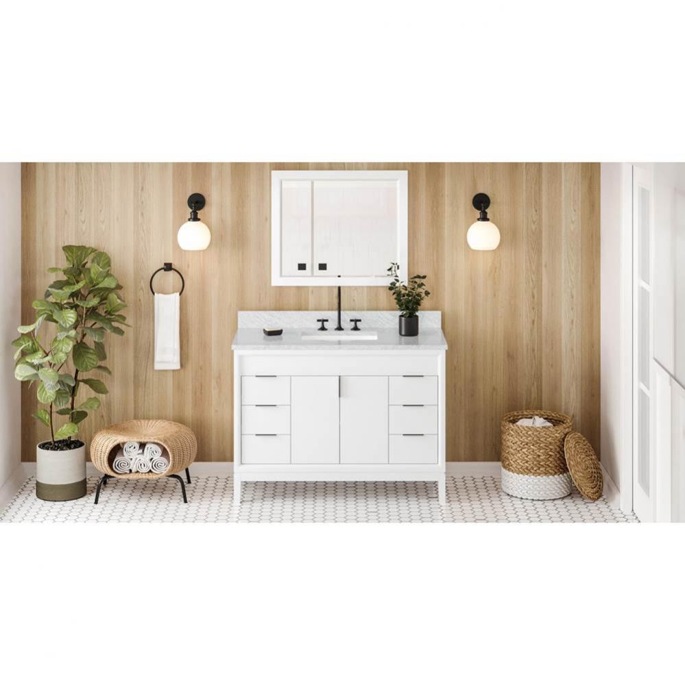 48'' White Theodora Vanity, White Carrara Marble Vanity Top, Undermount Rectangle Bowl