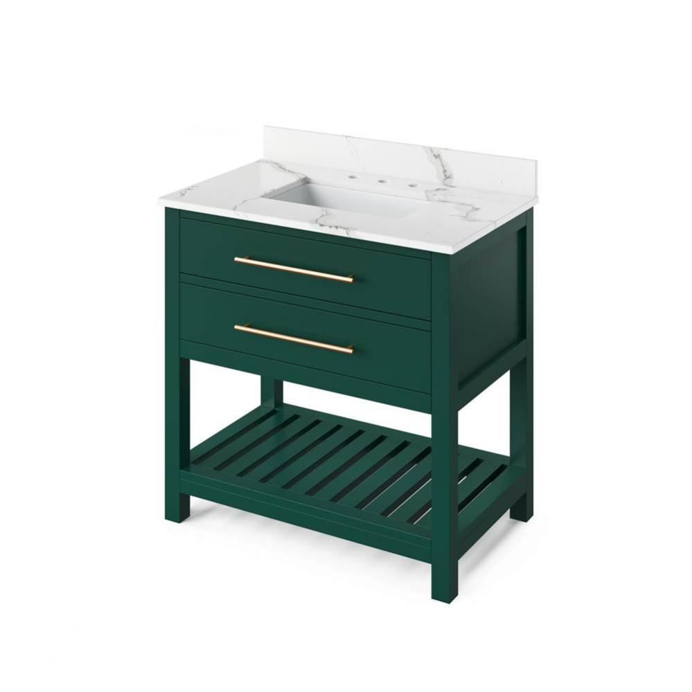 36'' Forest Green Wavecrest Vanity, Calacatta Vienna Quartz Vanity Top, undermount recta