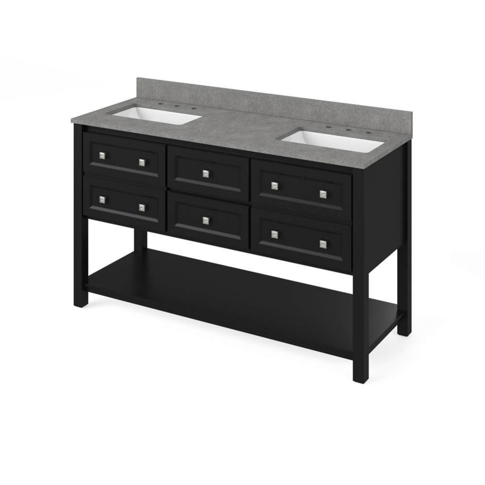60'' Black Adler Vanity, double bowl, Steel Grey Cultured Marble Vanity Top, two undermo