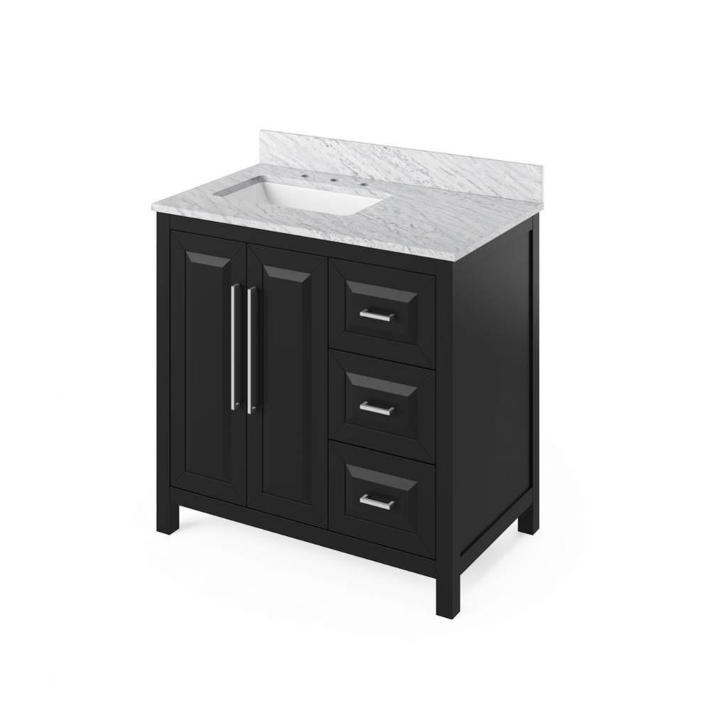 36'' Black Cade Vanity, left offset, White Carrara Marble Vanity Top, undermount rectang