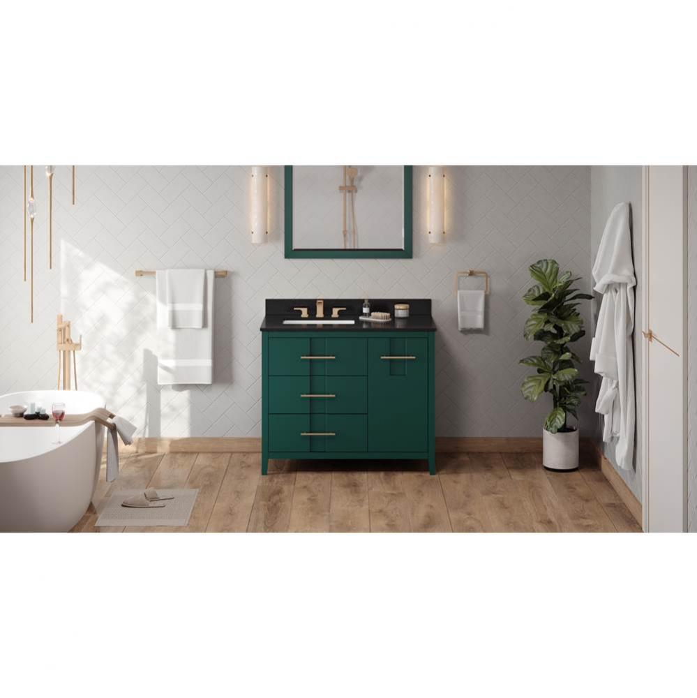 42'' Forest Green Katara Vanity, Left Offset, Black Granite Vanity Top, Undermount Recta