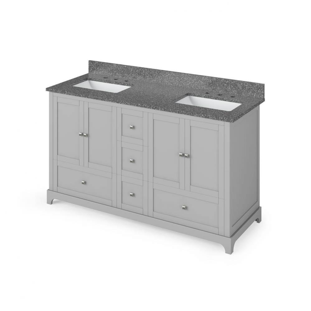 60'' Grey Addington Vanity, double bowl, Boulder Cultured Marble Vanity Top, two undermo