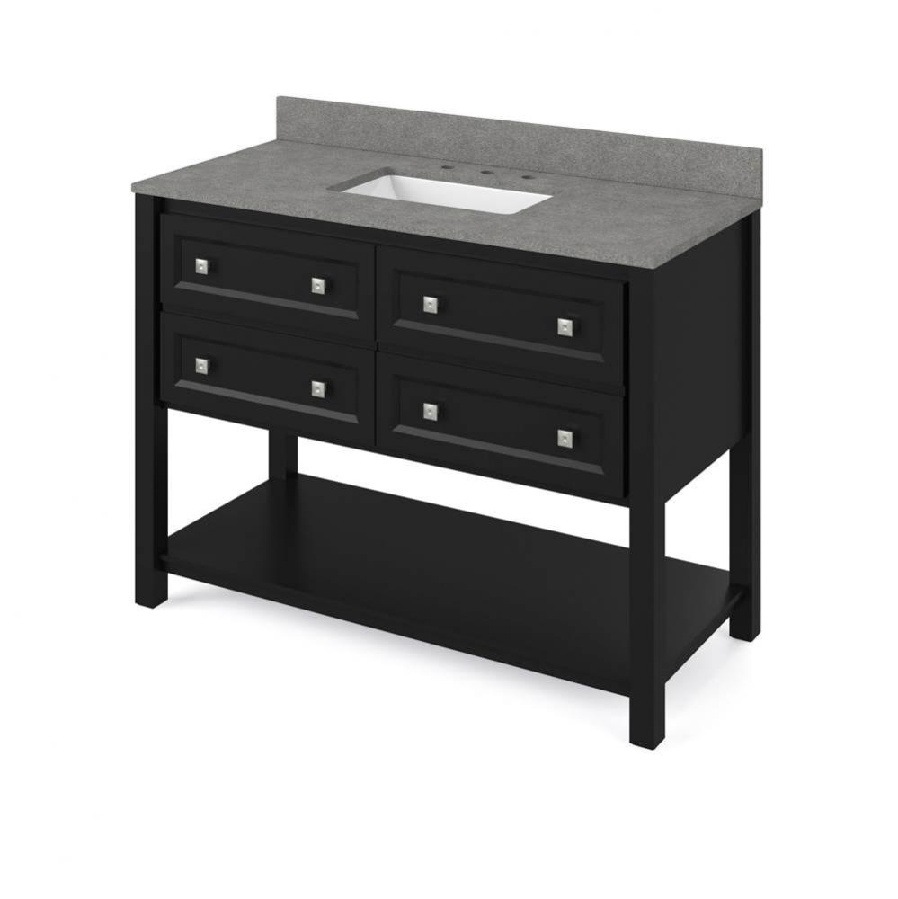 48'' Black Adler Vanity, Steel Grey Cultured Marble Vanity Top, undermount rectangle bow