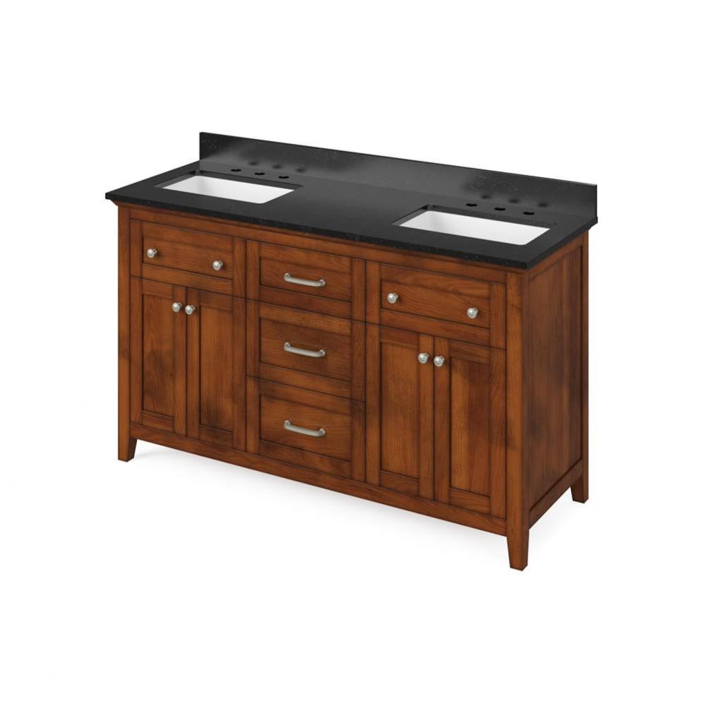 60'' Chocolate Chatham Vanity, double bowl, Black Granite Vanity Top, two undermount rec