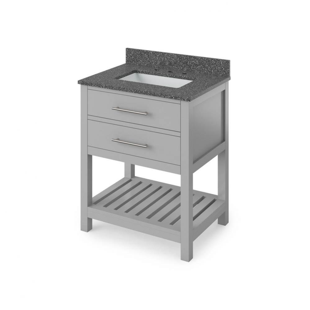 30'' Grey Wavecrest Vanity, Boulder Cultured Marble Vanity Top, undermount rectangle bow