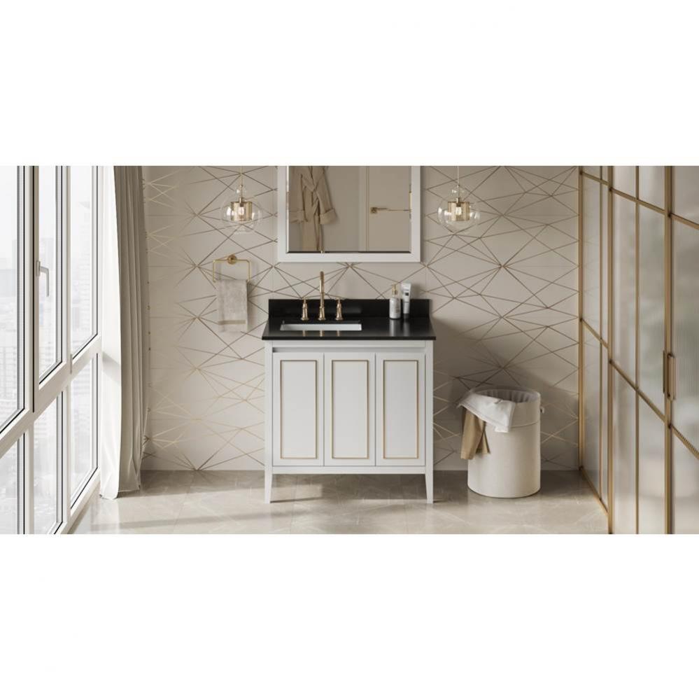 36'' White Percival Vanity, Left Offset, Black Granite Vanity Top, Undermount Rectangle