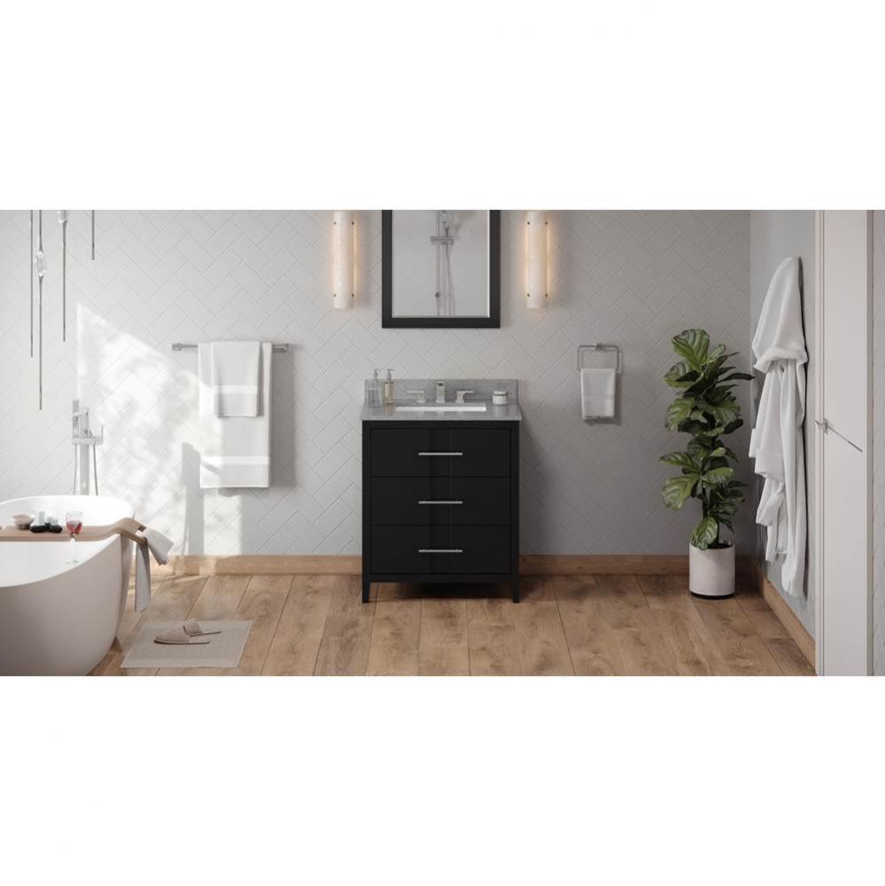 30'' Black Katara Vanity, Steel Grey Cultured Marble Vanity Top, Undermount Rectangle Bo