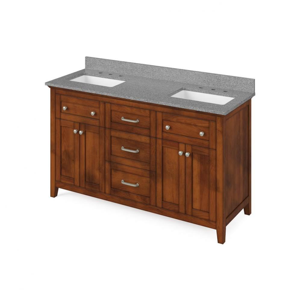 60'' Chocolate Chatham Vanity, double bowl, Steel Grey Cultured Marble Vanity Top, two u