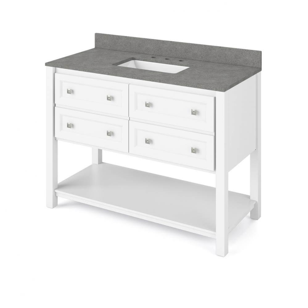 48'' White Adler Vanity, Steel Grey Cultured Marble Vanity Top, undermount rectangle bow