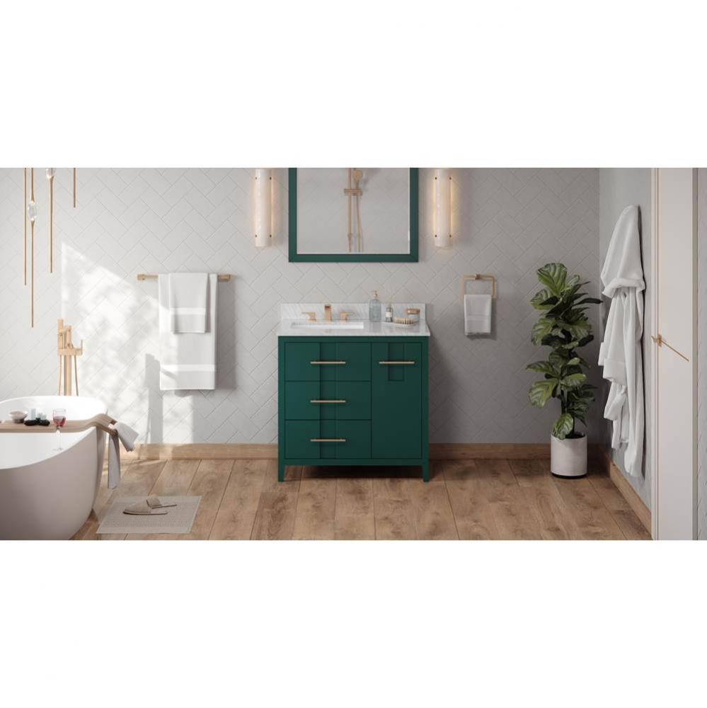 36'' Forest Green Katara Vanity, Left Offset, White Carrara Marble Vanity Top, Undermoun