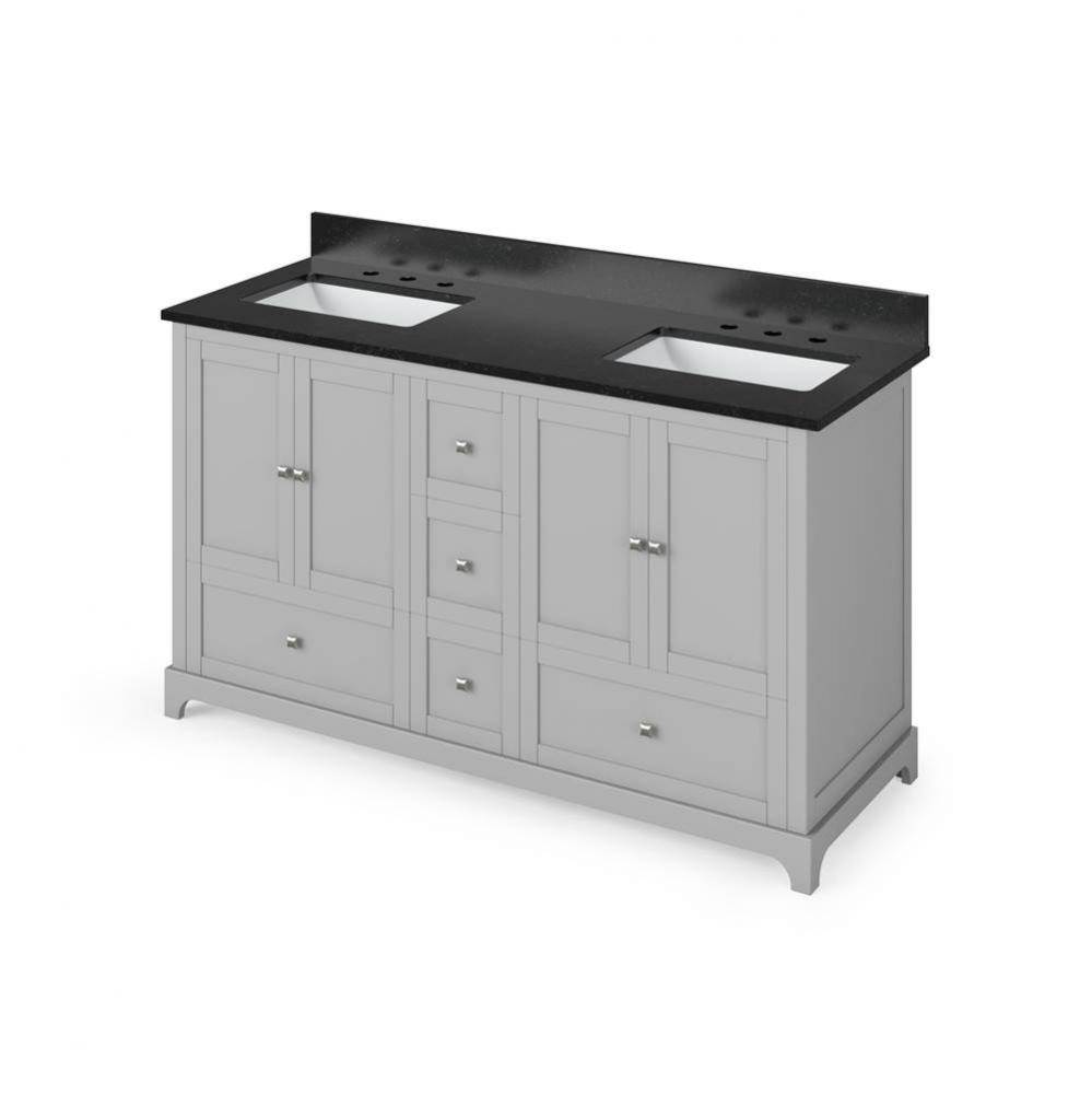 60'' Grey Addington Vanity, double bowl, Black Granite Vanity Top, two undermount rectan