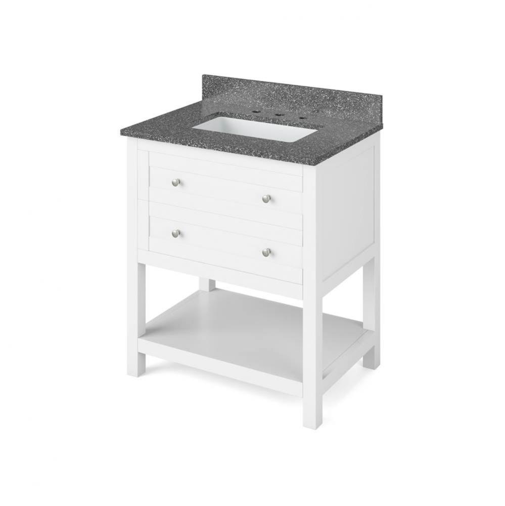 30'' White Astoria Vanity, Boulder Cultured Marble Vanity Top, undermount rectangle bowl