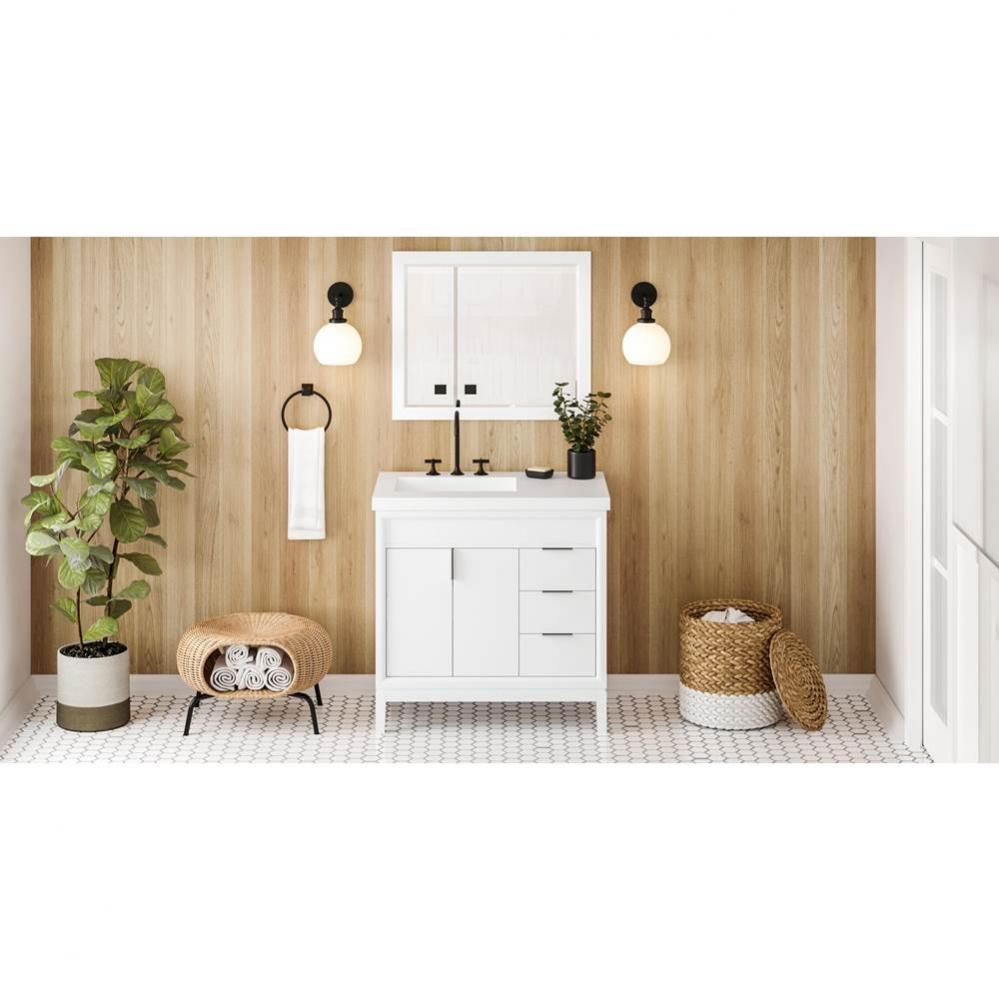 36'' White Theodora Vanity, Left Offset, Lavante Cultured Marble Vessel Vanity Top , Int