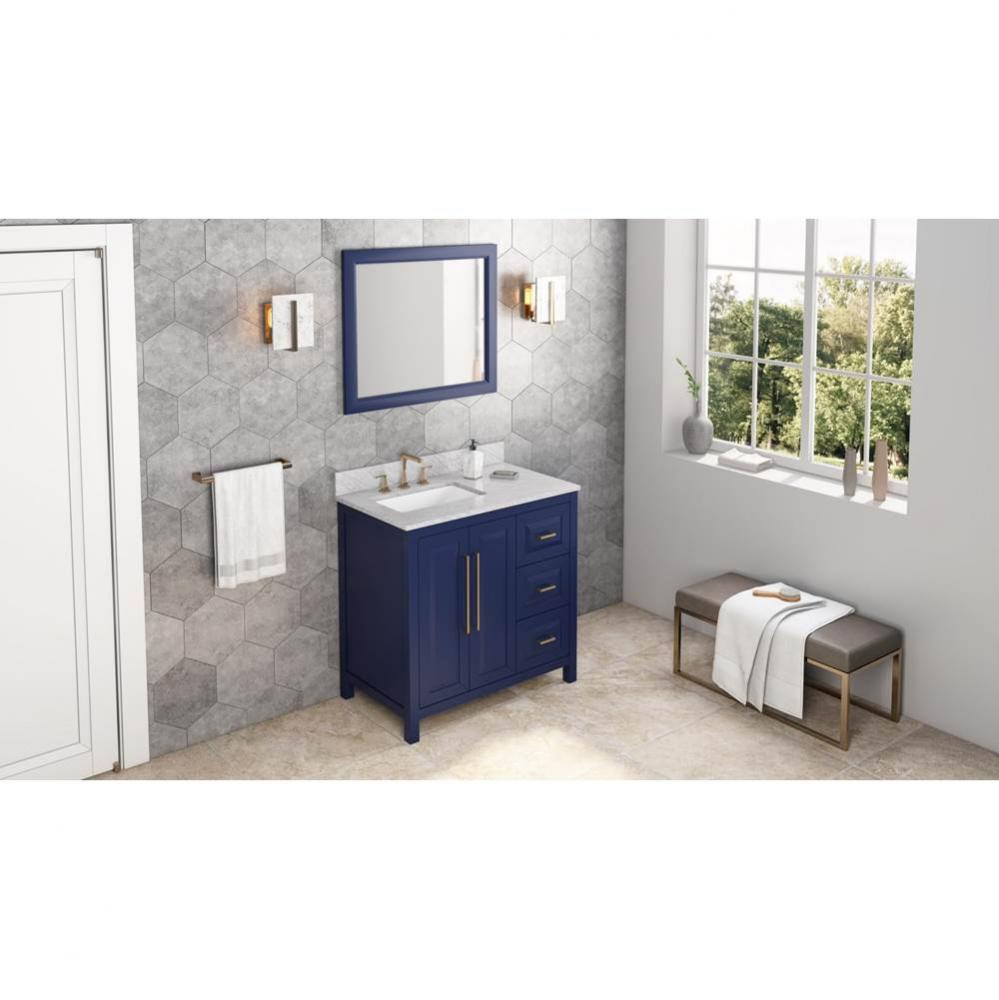 36'' Hale Blue Cade Vanity, left offset, White Carrara Marble Vanity Top, undermount rec