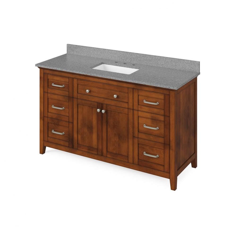 60'' Chocolate Chatham Vanity, Steel Grey Cultured Marble Vanity Top, undermount rectang