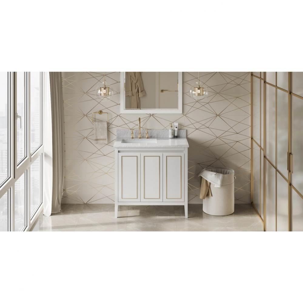 36'' White Percival Vanity, Left Offset, White Carrara Marble Vanity Top, Undermount Rec