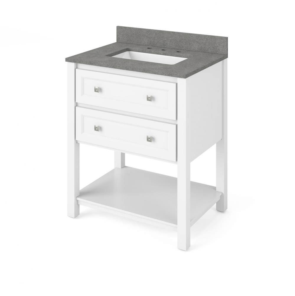 30'' White Adler Vanity, Steel Grey Cultured Marble Vanity Top, undermount rectangle bow
