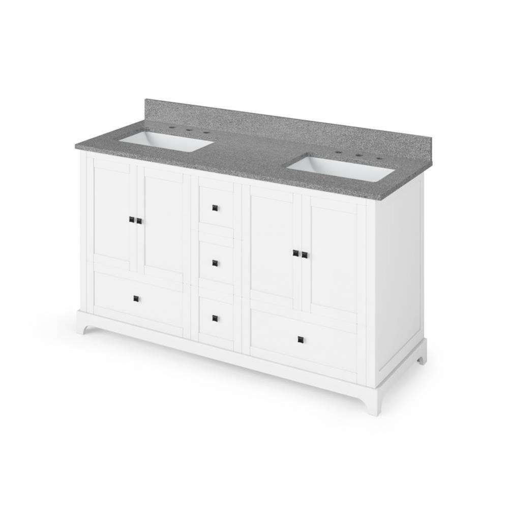 60'' White Addington Vanity, double bowl, Steel Grey Cultured Marble Vanity Top, two und