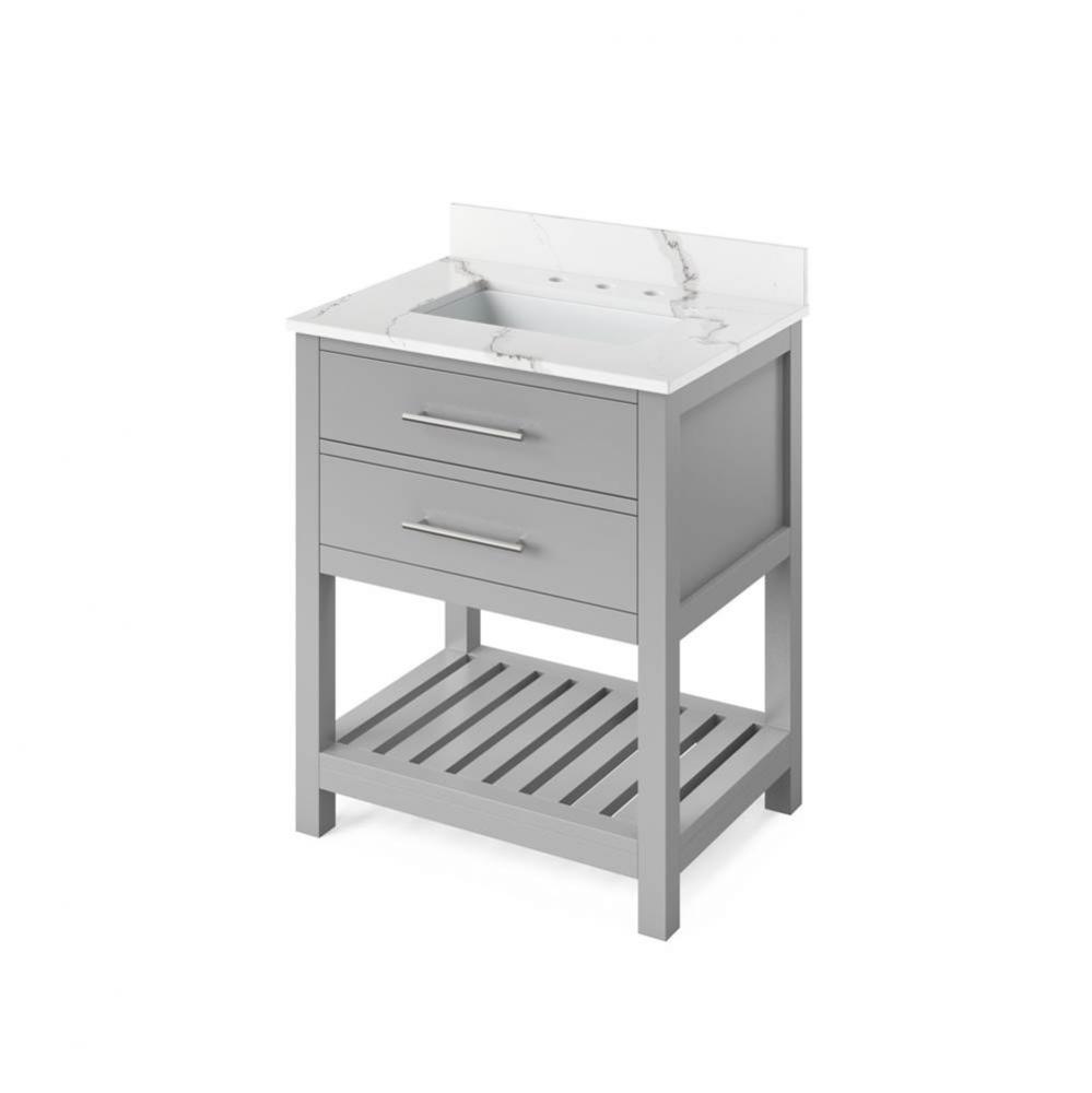 30'' Grey Wavecrest Vanity, Calacatta Vienna Quartz Vanity Top, undermount rectangle bow