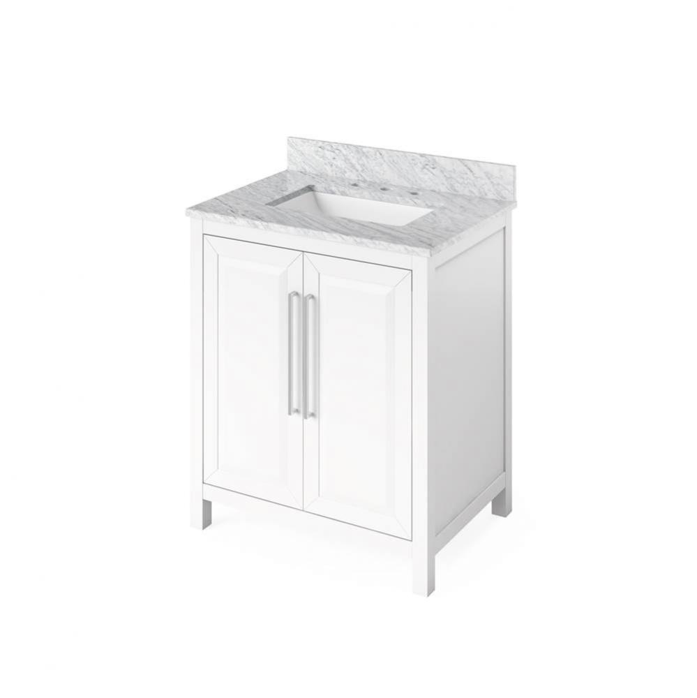 30'' White Cade Vanity, White Carrara Marble Vanity Top, undermount rectangle bowl