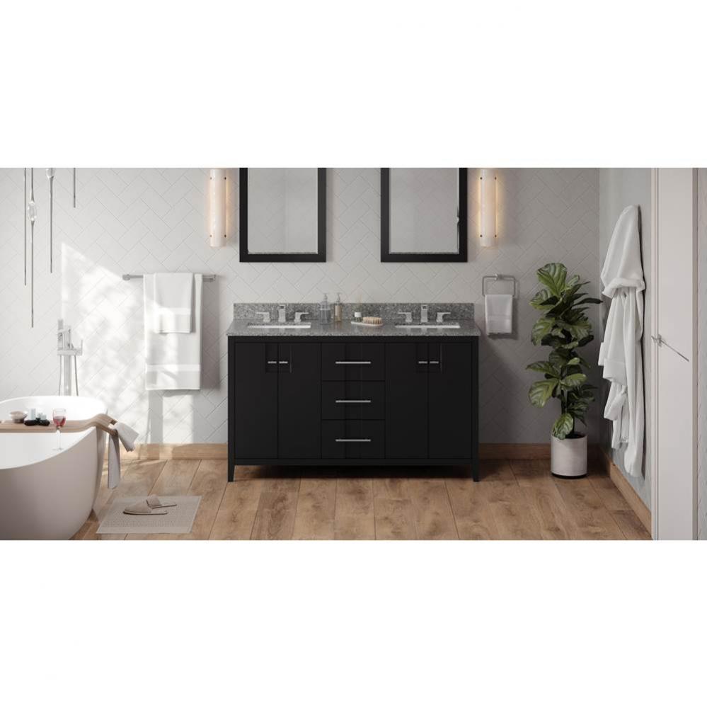 60'' Black Katara Vanity, Double Bowl, Boulder Cultured Marble Vanity Top, Two Undermoun