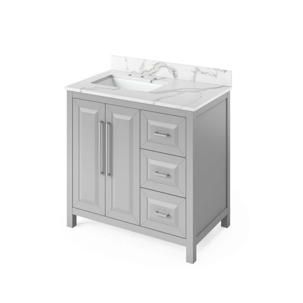 36'' Grey Cade Vanity, left offset, Calacatta Vienna Quartz Vanity Top, undermount recta