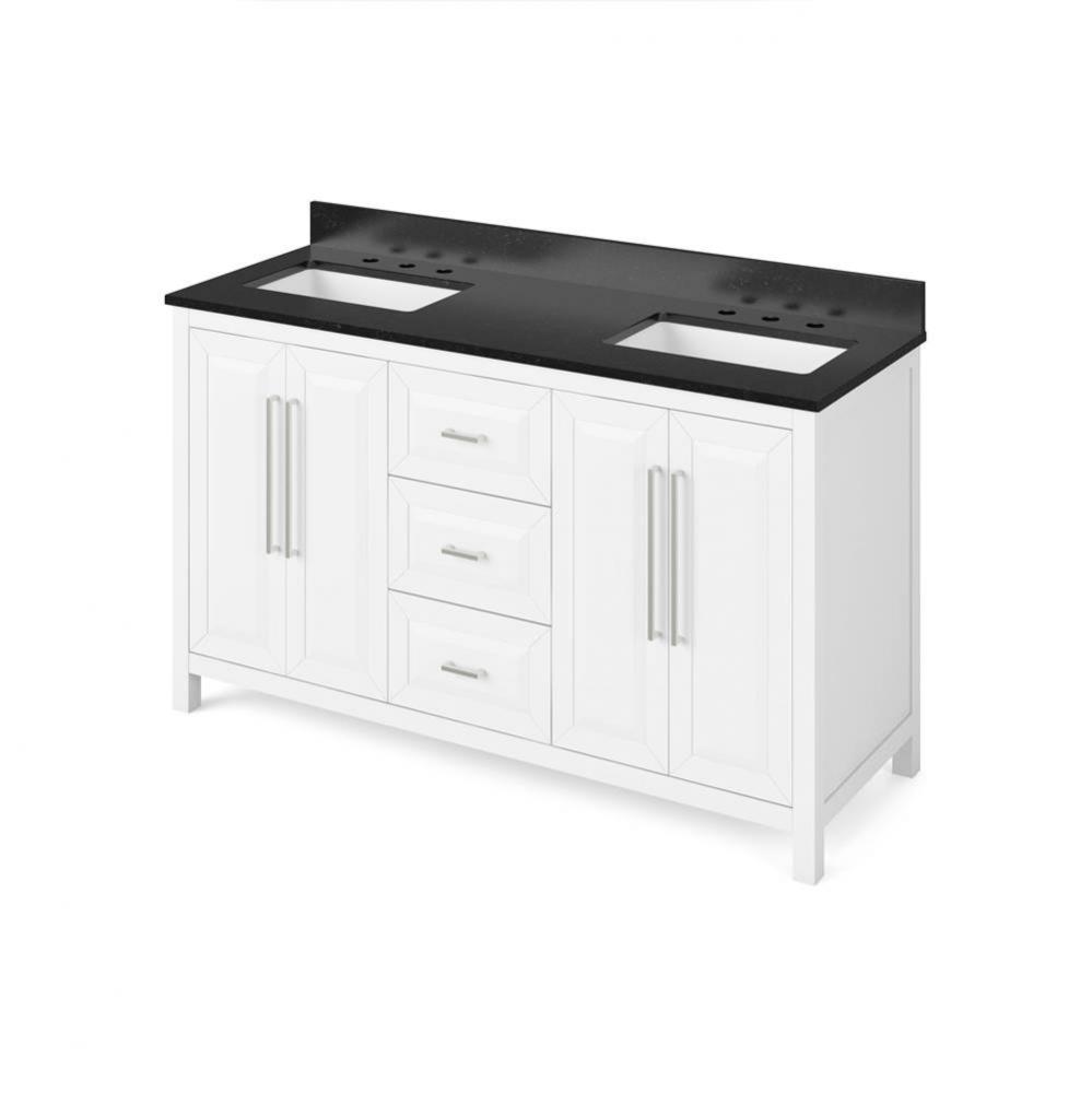 60'' White Cade Vanity, double bowl, Black Granite Vanity Top, undermount rectangle bowl