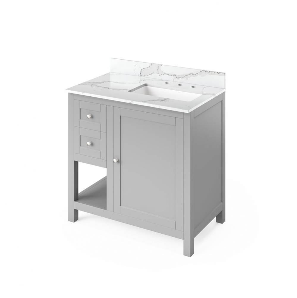 36'' Grey Astoria Vanity, right offset, Calacatta Vienna Quartz Vanity Top, undermount r