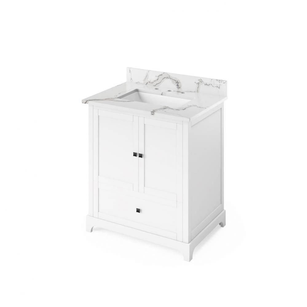 30'' White Addington Vanity, Calacatta Vienna Quartz Vanity Top, undermount rectangle bo