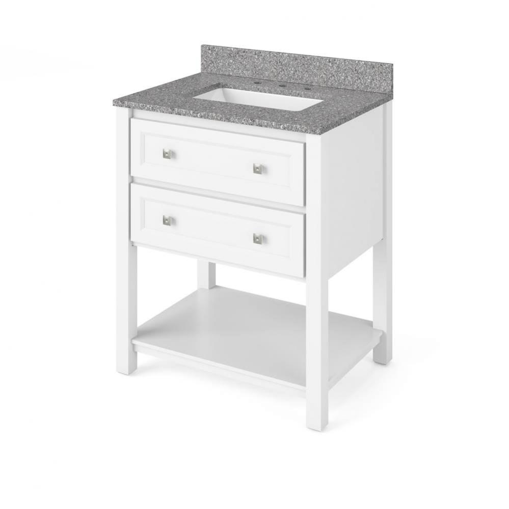 30'' White Adler Vanity, Boulder Cultured Marble Vanity Top, undermount rectangle bowl