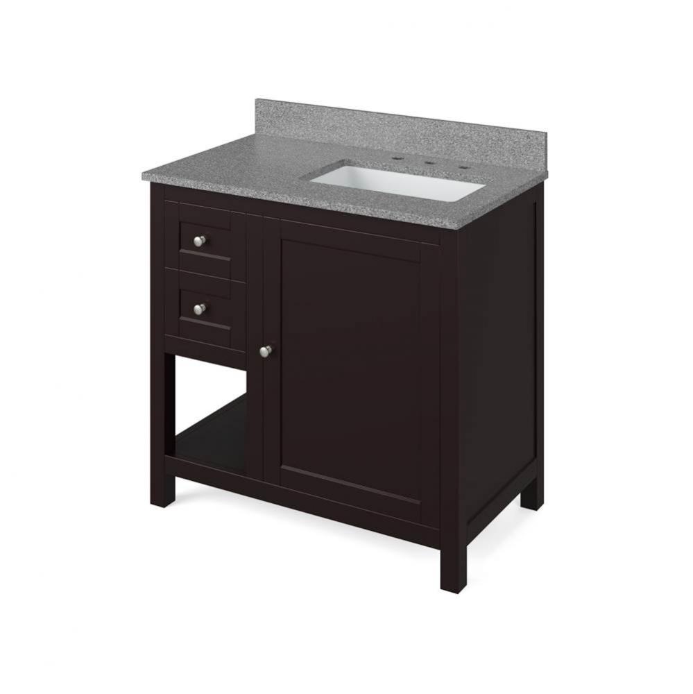 36'' Espresso Astoria Vanity, right offset, Steel Grey Cultured Marble Vanity Top, under