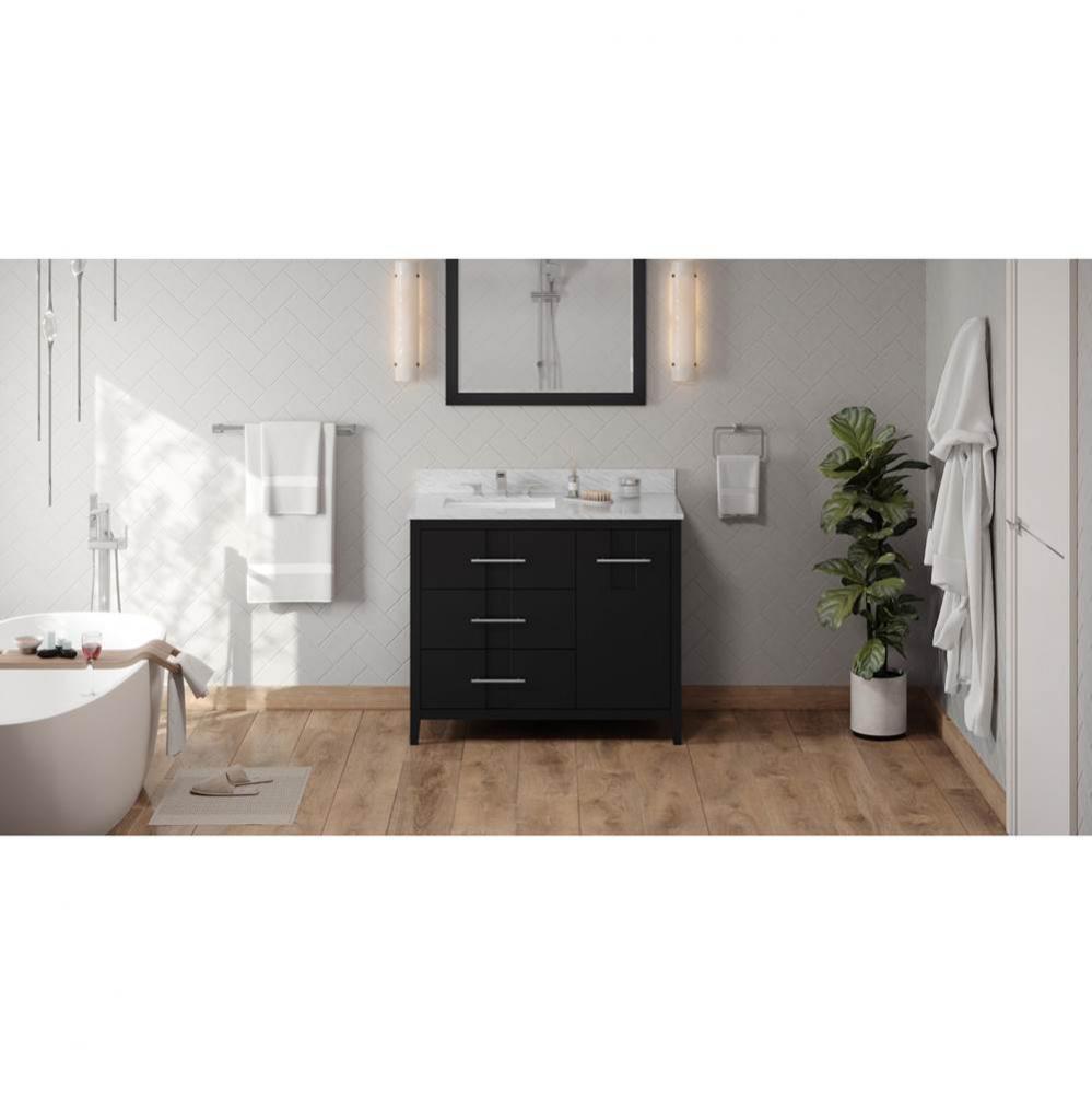 42'' Black Katara Vanity, Left Offset, White Carrara Marble Vanity Top, Undermount Recta