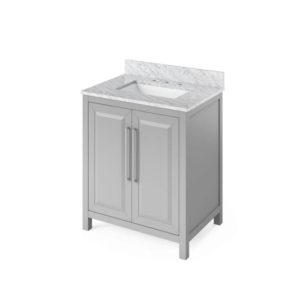 30'' Grey Cade Vanity, White Carrara Marble Vanity Top, undermount rectangle bowl