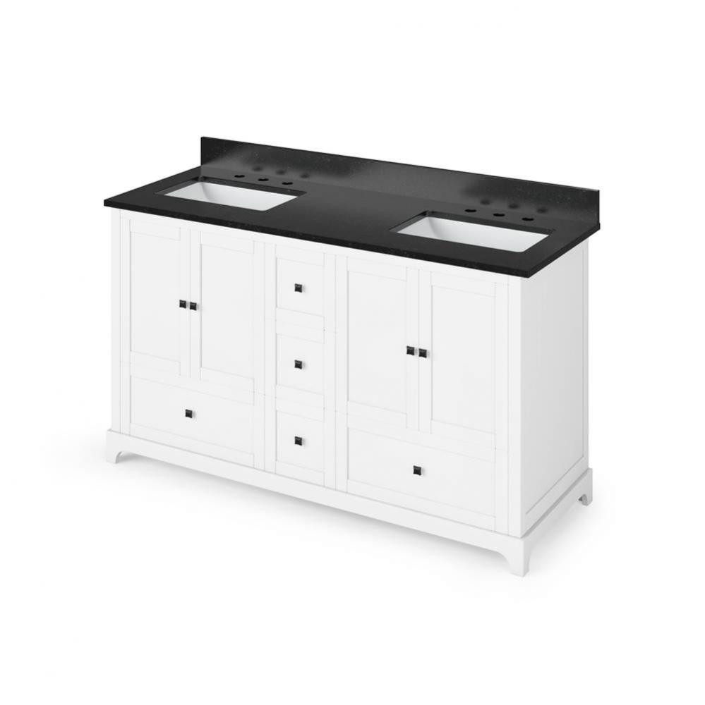 60'' White Addington Vanity, double bowl, Black Granite Vanity Top, two undermount recta