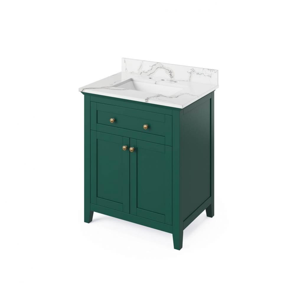 30'' Forest Green Chatham Vanity, Calacatta Vienna Quartz Vanity Top, undermount rectang