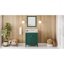 Jeffrey Alexander VKITTHE30GNWCR - 30'' Forest Green Theodora Vanity, White Carrara Marble Vanity Top, Undermount Rectangle