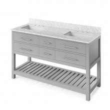 Jeffrey Alexander VKITWAV60GRWCR - 60'' Grey Wavecrest Vanity, double bowl, White Carrara Marble Vanity Top, two undermount