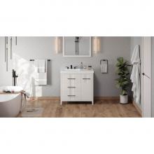 Jeffrey Alexander VKITKAT36WHLAR - 36'' White Katara Vanity, Left Offset, Lavante Cultured Marble Vessel Vanity Top , Integ