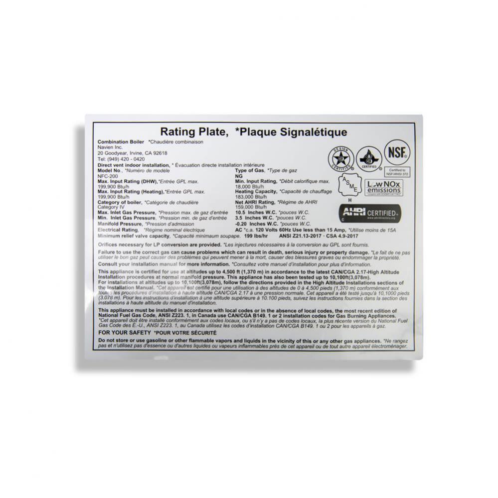 Sticker;RATING PLATE,YUPO,NFC-200