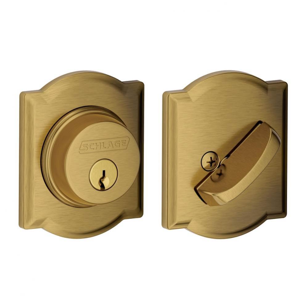 Single Cylinder Deadbolt with Camelot Trim in Antique Brass