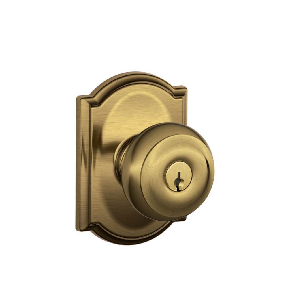 Georgian Knob with Camelot Trim Keyed Entry Lock in Antique Brass