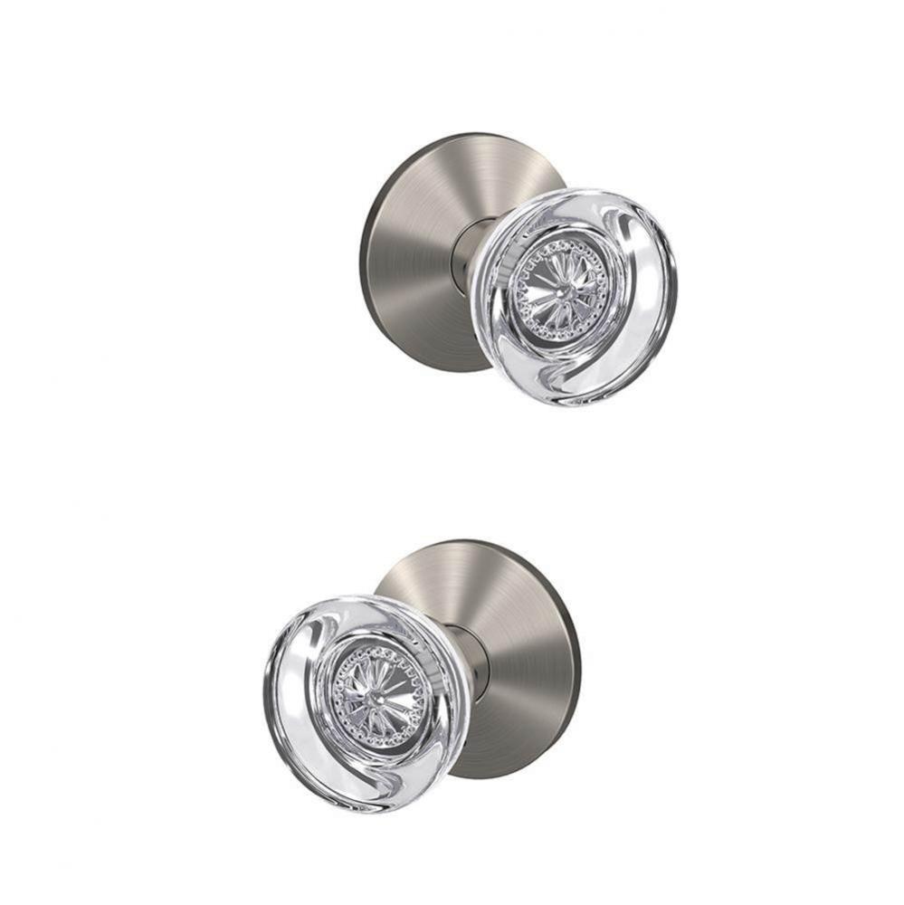 Custom Hobson Glass Knob with Kinsler Trim Hall-Closet and Bed-Bath Lock in Satin Nickel