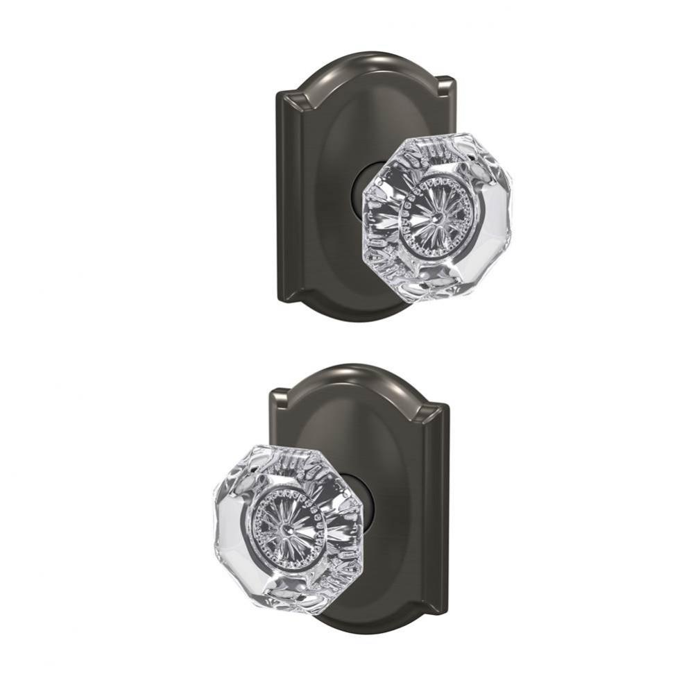 Custom Alexandria Non-Turning Glass Knob with Camelot Trim in Black Stainless