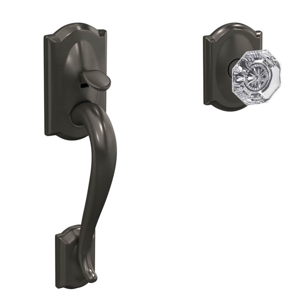 Custom Camelot Front Entry Handle and Alexandria Glass Knob with Camelot Trim in Black Stainless