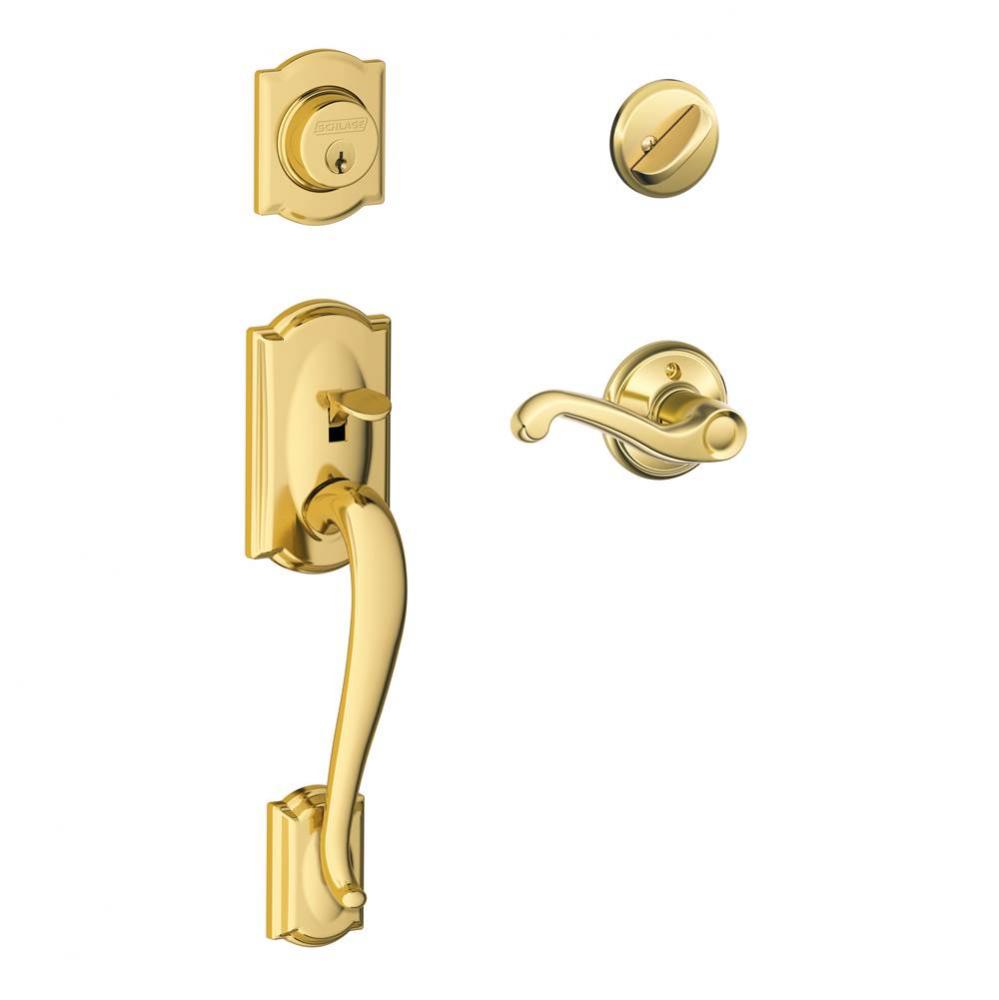 Camelot Handleset with Single Cylinder Deadbolt and Flair Lever in Bright Brass - Left Handed