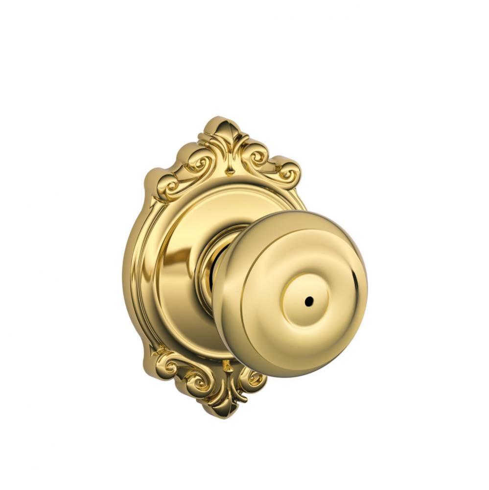 Georgian Knob with Brookshire Trim Bed and Bath Lock in Bright Brass