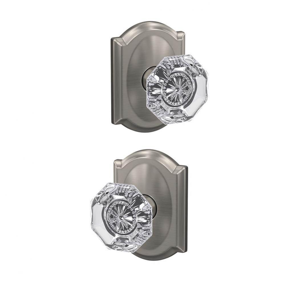 Custom Alexandria Glass Knob with Camelot Trim Hall-Closet and Bed-Bath Lock in Satin Nickel