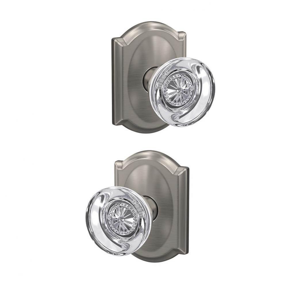 Custom Hobson Glass Knob with Camelot Trim Hall-Closet and Bed-Bath Lock in Satin Nickel