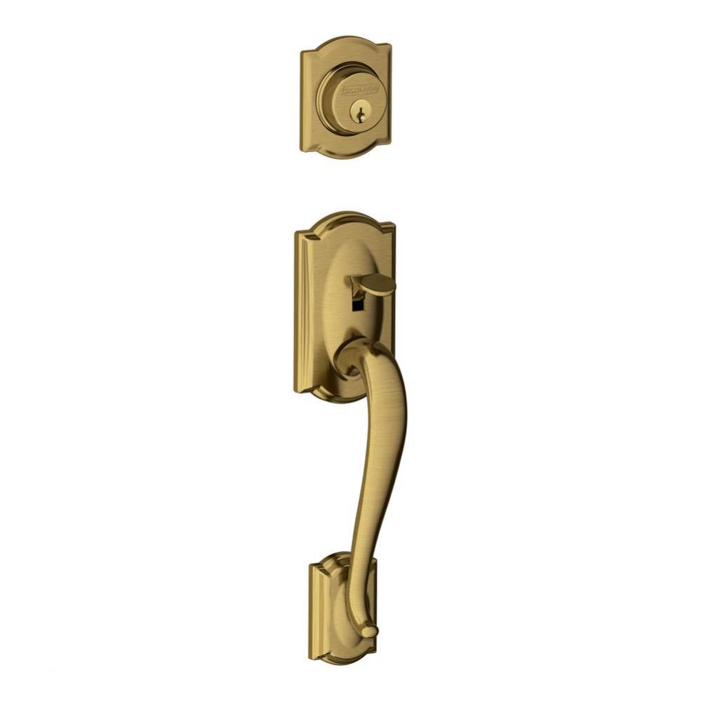 Camelot Exterior Handleset Grip with Exterior Single Cylinder Deadbolt in Antique Brass